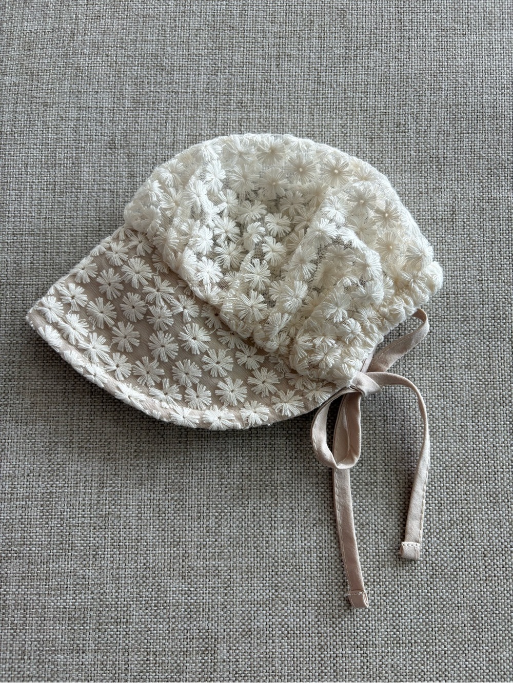 Baby Bonnet Hat Cream Lace Linen Cottagecore Floral Tie Infant